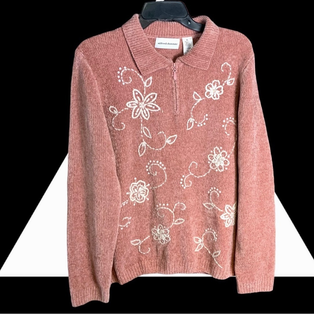 Alfred Dunner Tan Rust Salmon w White Crocheted Flowers & Sequins Sweater Wm XL